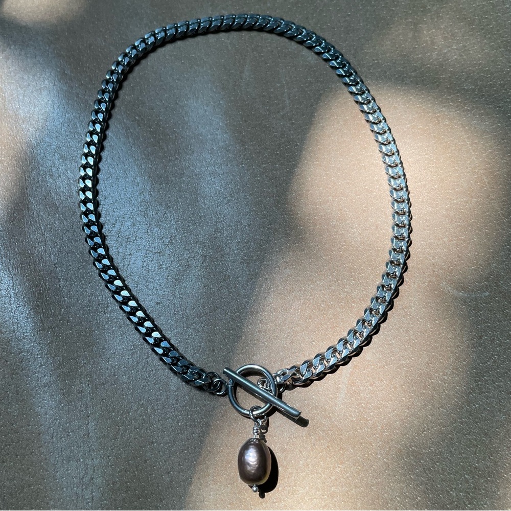 Blue freshwater pearl silver curb chain toggle clasp necklace choker stainless - Picture 3 of 8